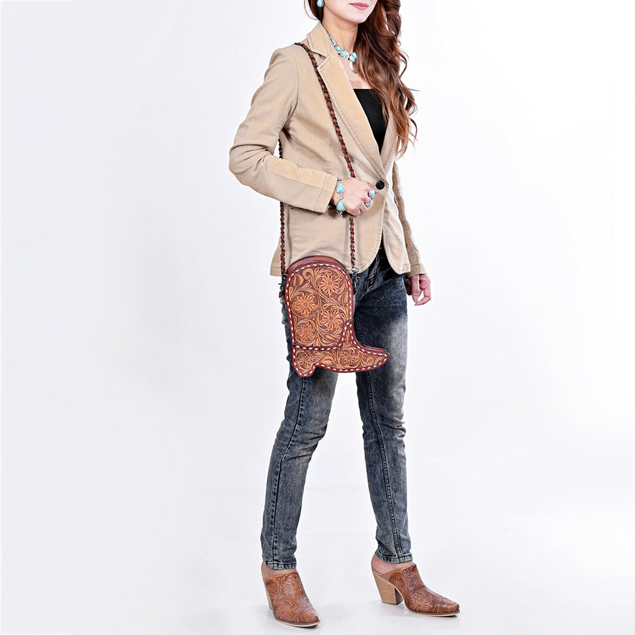 American Darling Cross body Bag Western Hand-Tooled Floral Shoe Shape Genuine Leather Purse with Buck Stitching