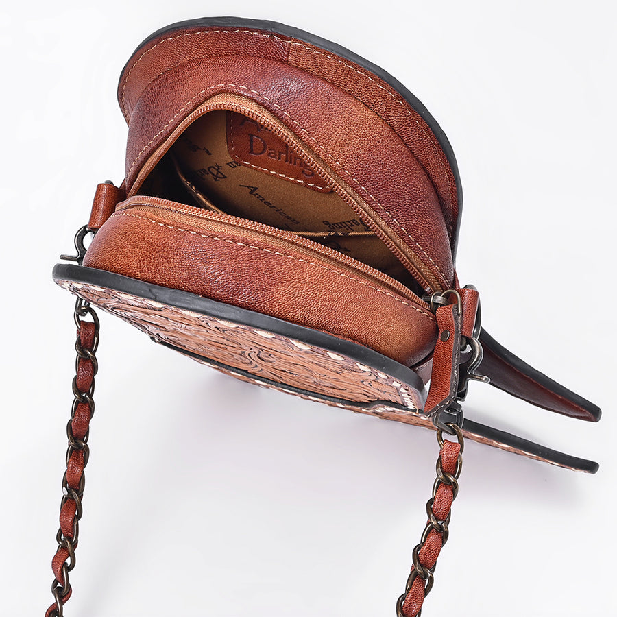 American Darling Cross body Bag Western Hand-Tooled Floral Shoe Shape Genuine Leather Purse with Buck Stitching