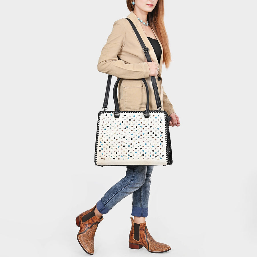 American Darling Tote Bag Western Hair-On Cowhide Genuine Leather Shoulder Bag with Braided Riveted Detail and YKK Zipper