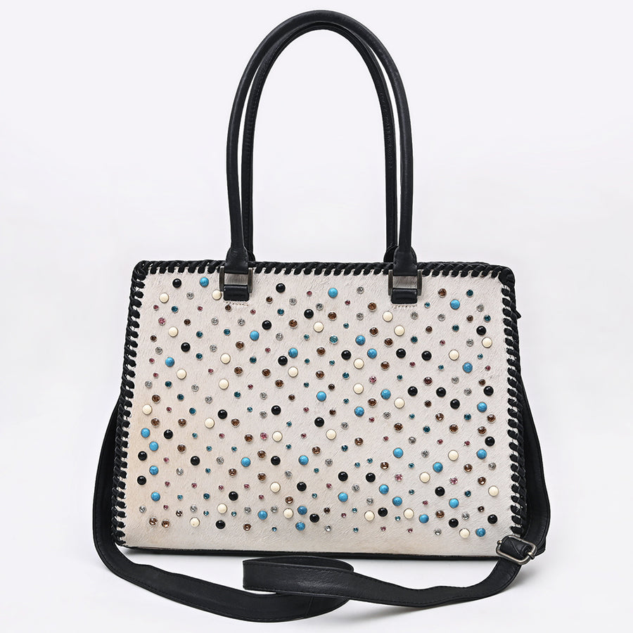 American Darling Tote Bag Western Hair-On Cowhide Genuine Leather Shoulder Bag with Braided Riveted Detail and YKK Zipper