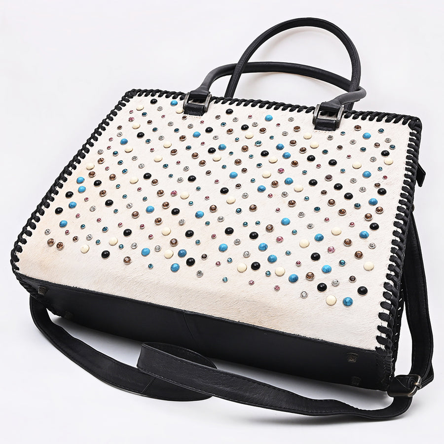 American Darling Tote Bag Western Hair-On Cowhide Genuine Leather Shoulder Bag with Braided Riveted Detail and YKK Zipper