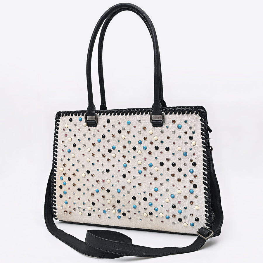 American Darling Western Leather Tote Bag - Hair-On Cowhide and Braided Riveted Detail - Uhorse