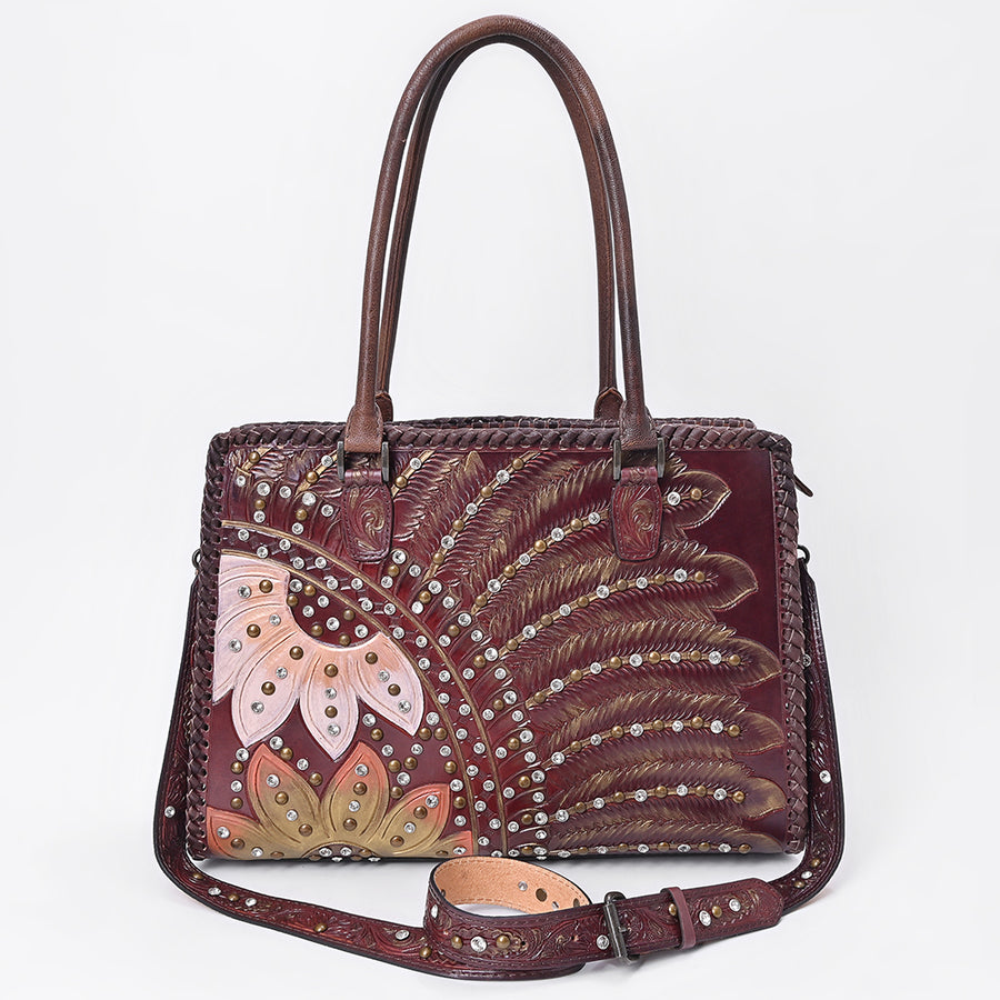 American Darling Tote Bag Western Hand-Tooled Genuine Leather Floral Carved Shoulder Bag with Braided Trim and Rivets