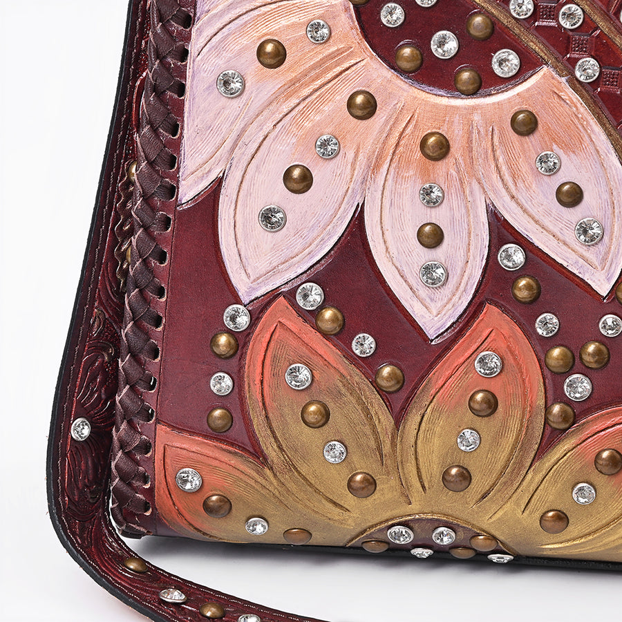 American Darling Tote Bag Western Hand-Tooled Genuine Leather Floral Carved Shoulder Bag with Braided Trim and Rivets