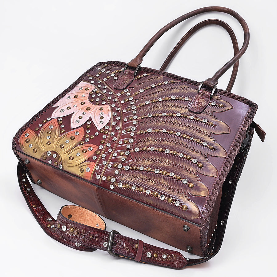 American Darling Tote Bag Western Hand-Tooled Genuine Leather Floral Carved Shoulder Bag with Braided Trim and Rivets