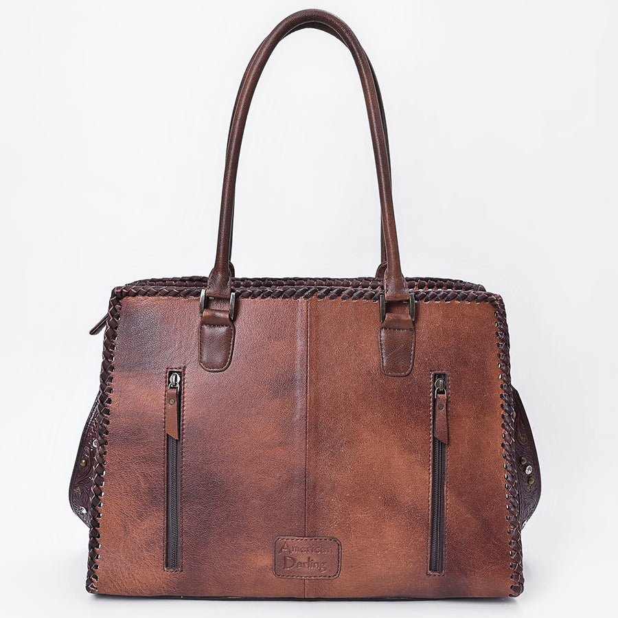 American Darling Tote Bag Western Hand-Tooled Genuine Leather Floral Carved Shoulder Bag with Braided Trim and Rivets