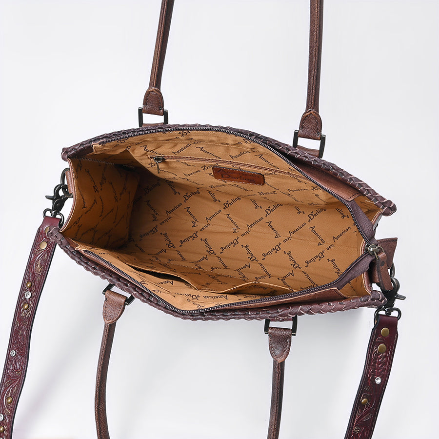 American Darling Tote Bag Western Hand-Tooled Genuine Leather Floral Carved Shoulder Bag with Braided Trim and Rivets