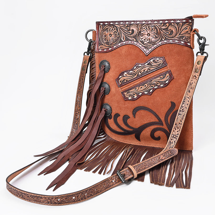American Darling Western Chaps Bag - Hand-Tooled Floral Genuine Suede Crossbody with Fringes - Uhorse
