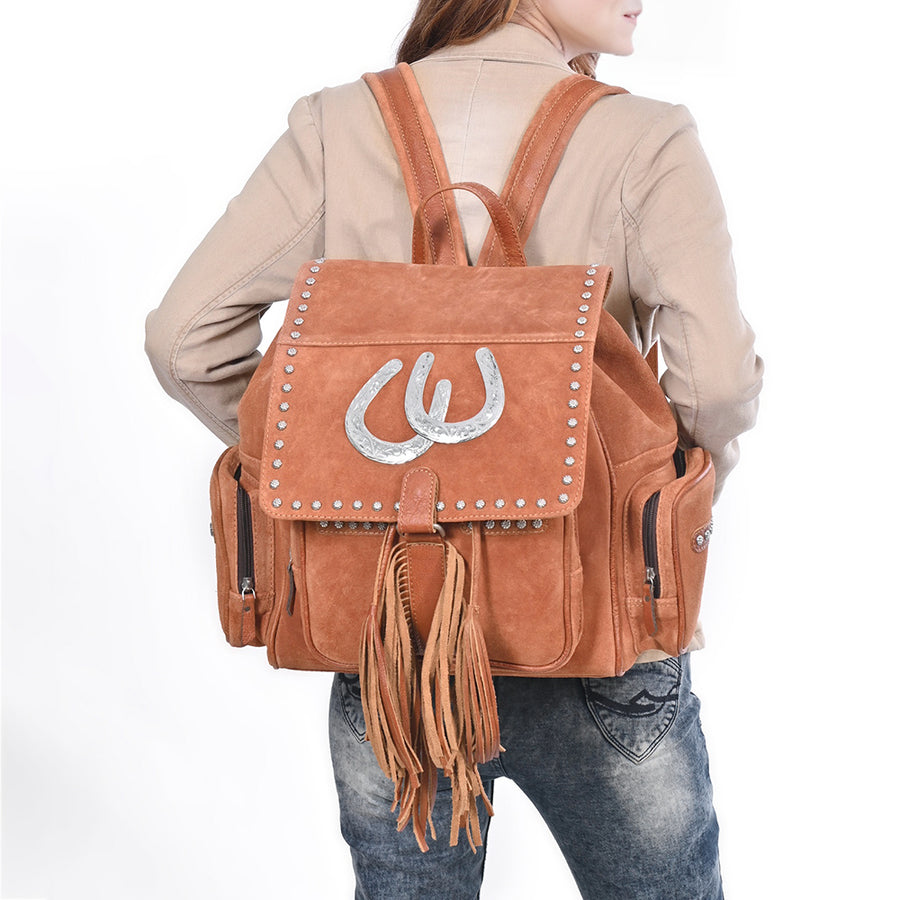 American Darling Backpack Bag Western Genuine Suede Leather with Fringes Tassels Concho and Riveted Full Grain Leather Accents