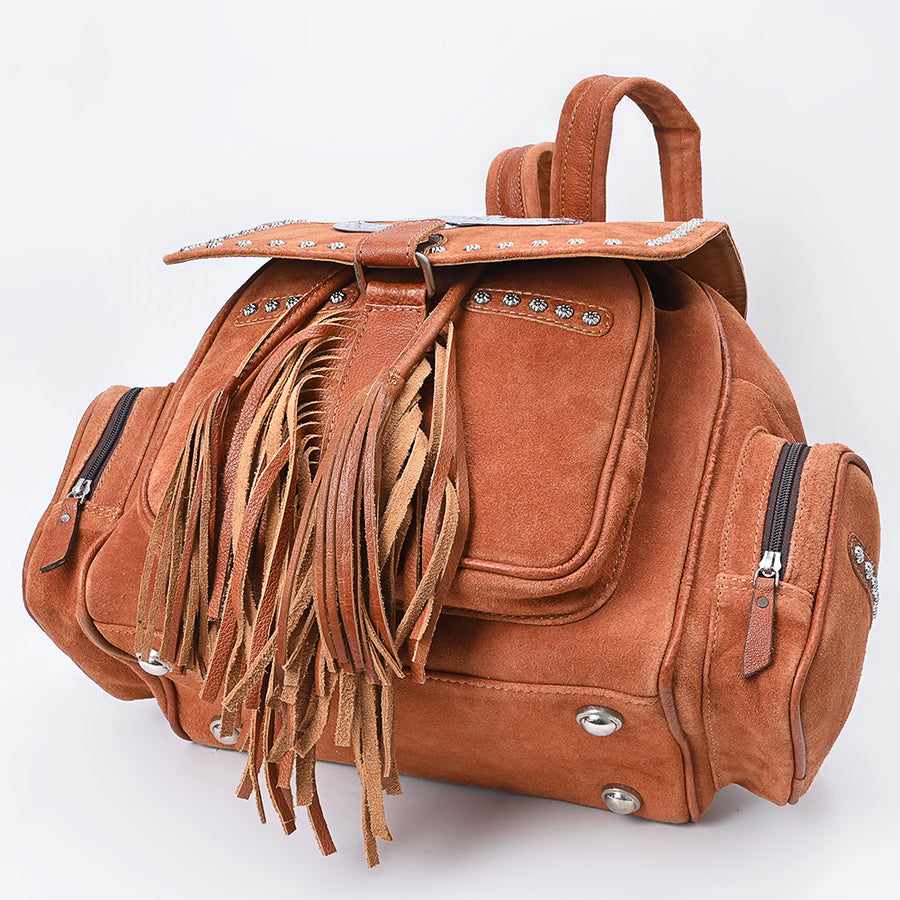 American Darling Backpack Bag Western Genuine Suede Leather with Fringes Tassels Concho and Riveted Full Grain Leather Accents