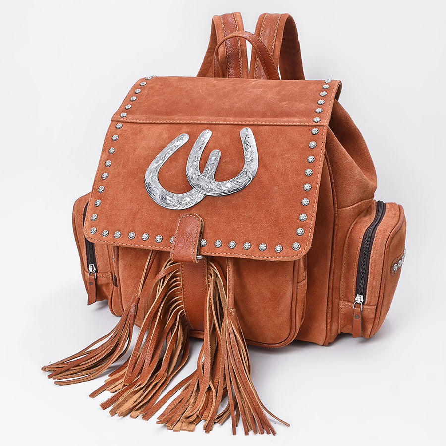 American Darling Western Genuine Suede Backpack Bag with Fringes and Horseshoe Concho - Uhorse
