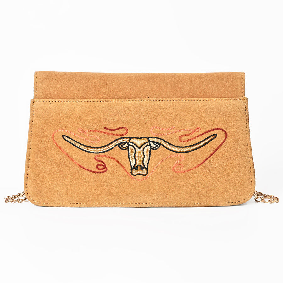 American Darling Cross body Bag for Women, Embroidered Genuine Suede Leather with Longhorn Design, Western Purse with Chain Strap