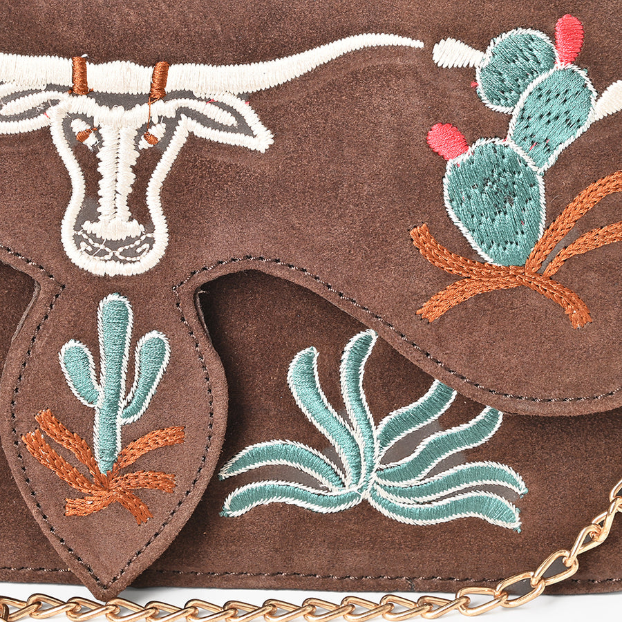 American Darling Cross body Bag for Women, Embroidered Genuine Suede Leather with Longhorn Design, Western Purse with Chain Strap