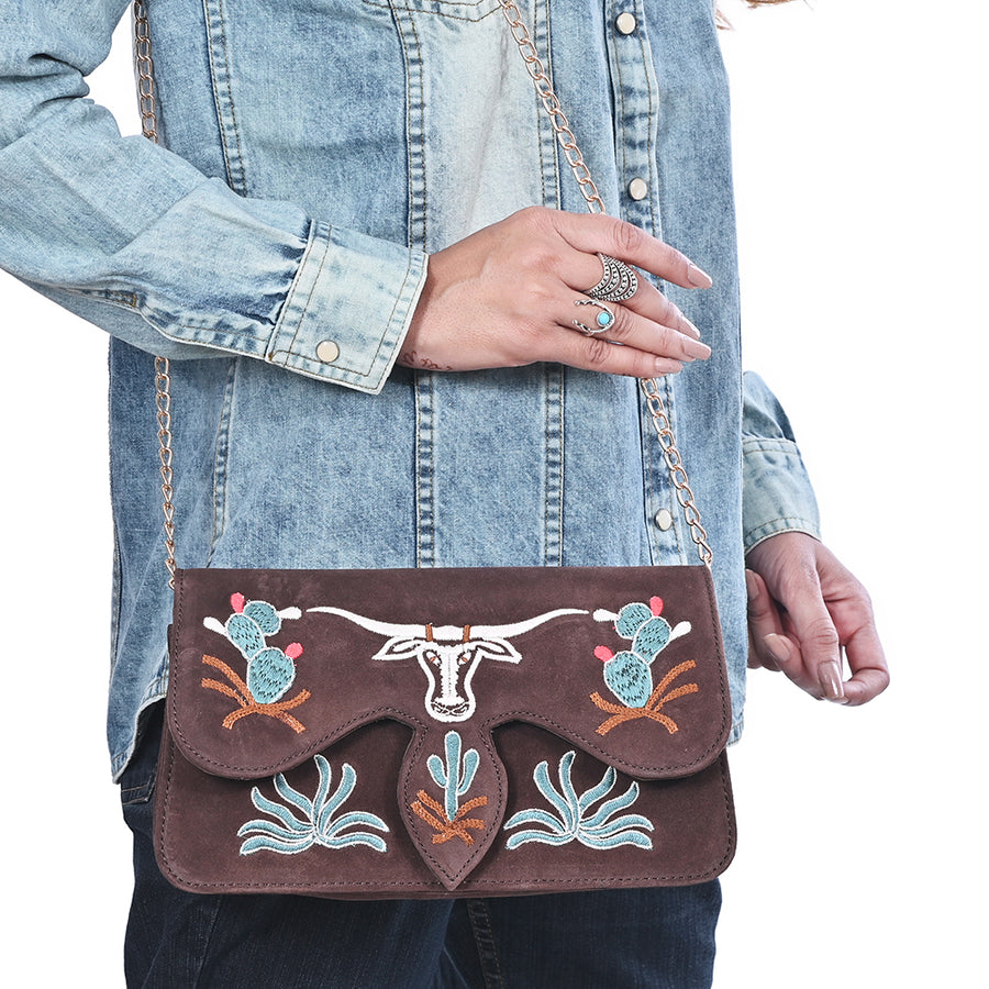 American Darling Cross body Bag for Women, Embroidered Genuine Suede Leather with Longhorn Design, Western Purse with Chain Strap