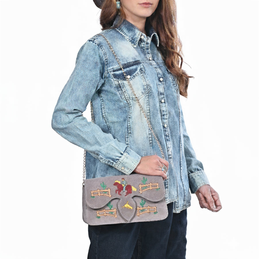 American Darling Cross body Bag for Women, Embroidered Genuine Suede Leather with Longhorn Design, Western Purse with Chain Strap