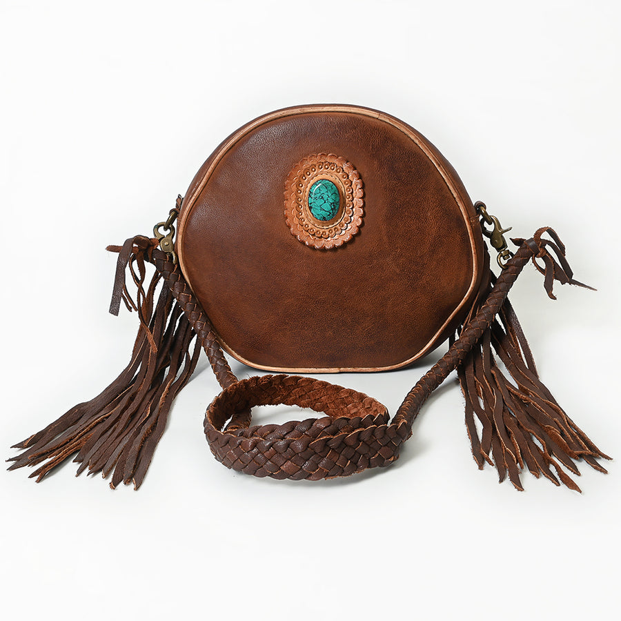 American Darling Canteen Bag Western Genuine Leather Handcrafted Round Purse with Fringes and Turquoise Stone