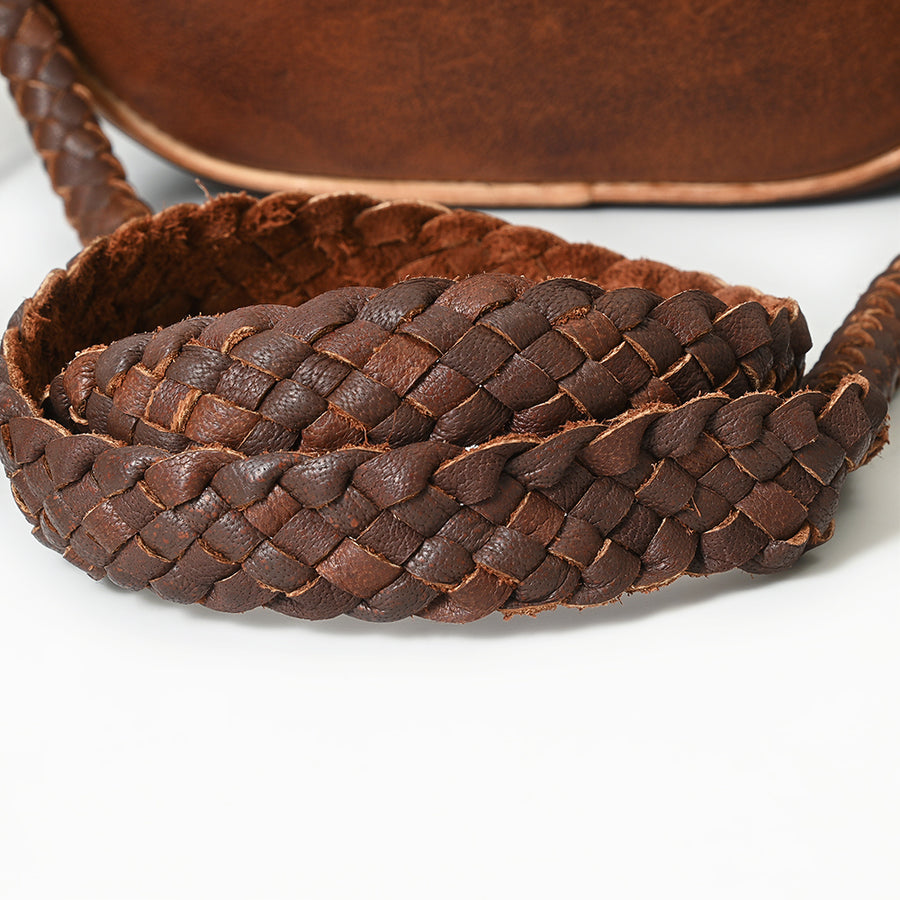 American Darling Canteen Bag Western Genuine Leather Handcrafted Round Purse with Fringes and Turquoise Stone