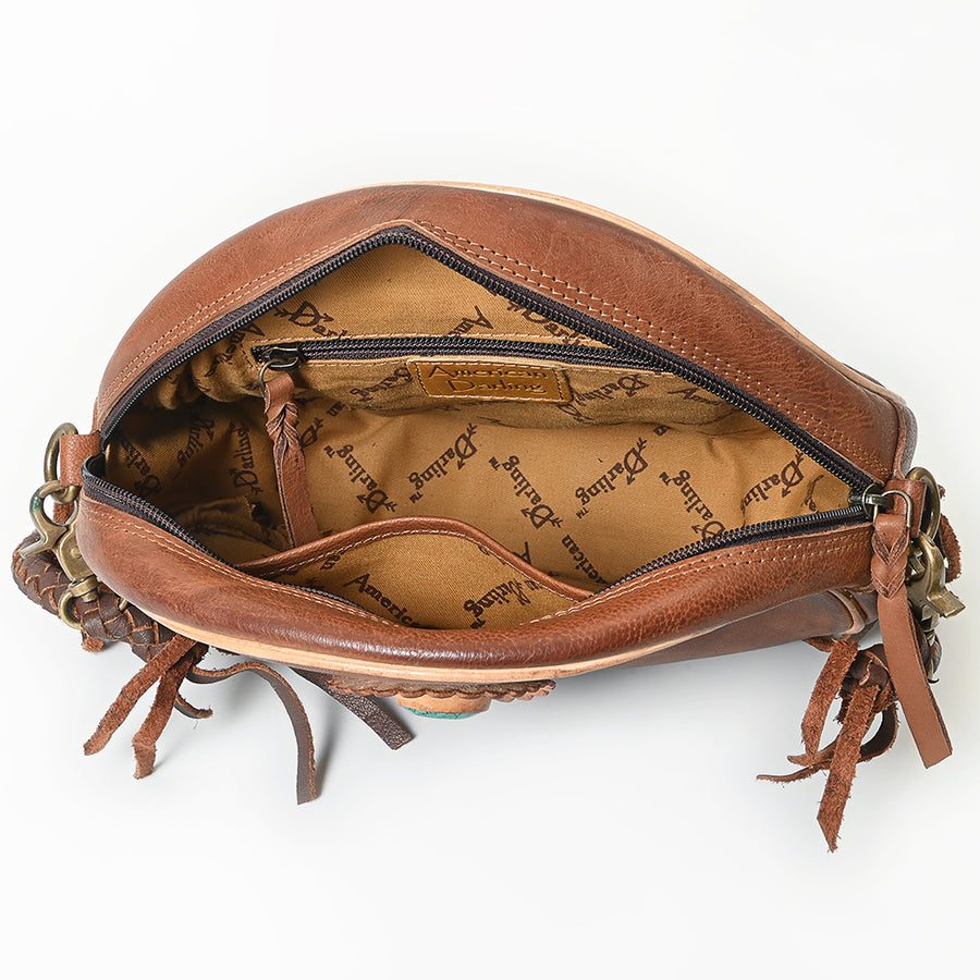 American Darling Canteen Bag Western Genuine Leather Handcrafted Round Purse with Fringes and Turquoise Stone