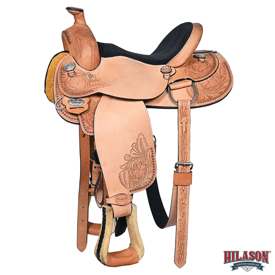 HILASON Western American Leather Hand Carved Horse Saddle Ranch Roping Cowboy With Headstall & Breast Collar Set Floral Tan