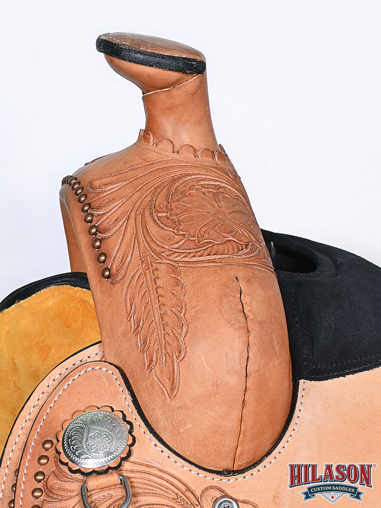 HILASON Western American Leather Hand Carved Horse Saddle Ranch Roping Cowboy With Headstall & Breast Collar Set Floral Tan