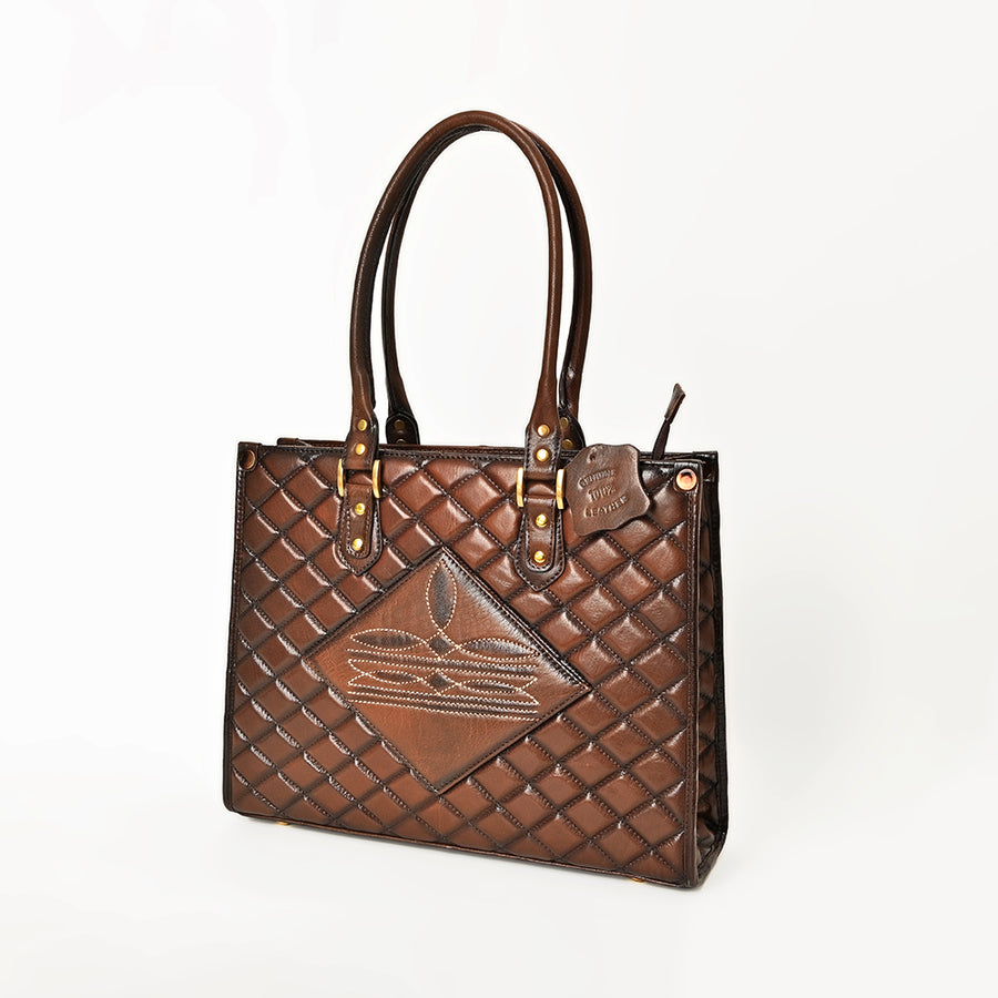 American Darling Quilted Western Leather Tote Bag with Boot Stitched Embroidery - Uhorse