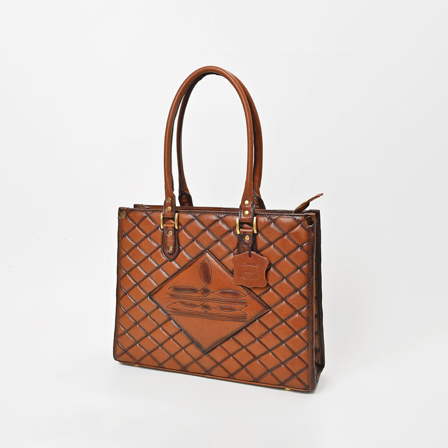 American Darling Quilted Leather Handbag with Embossed Detail and Dual Handles - Elegant Structured Tote for Women - Uhorse
