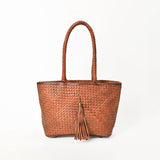 American Darling Western Tote Bag Basket Weave Genuine Full Grain Leather Handcrafted Shoulder Bag with Braided Handles Tassels