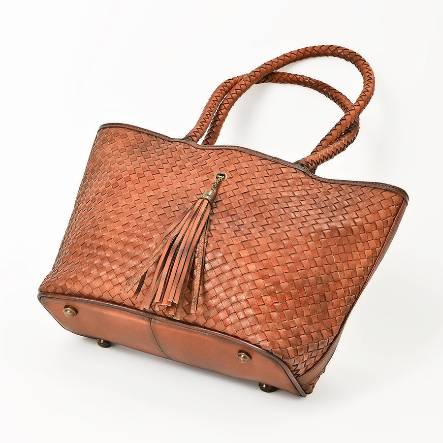 American Darling Western Tote Bag Basket Weave Genuine Full Grain Leather Handcrafted Shoulder Bag with Braided Handles Tassels