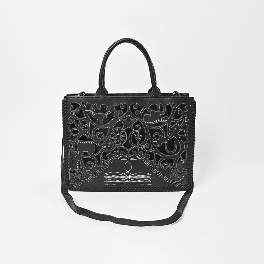 American Darling Black Western Cutwork Leather Handbag for Women – Embossed Tooled Satchel