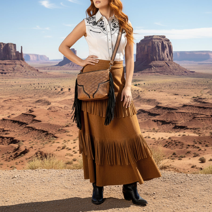 American Darling Western Cross body Bag Quilted Genuine Leather Handcrafted Shoulder Bag with Fringes Rivets and Braided Strap