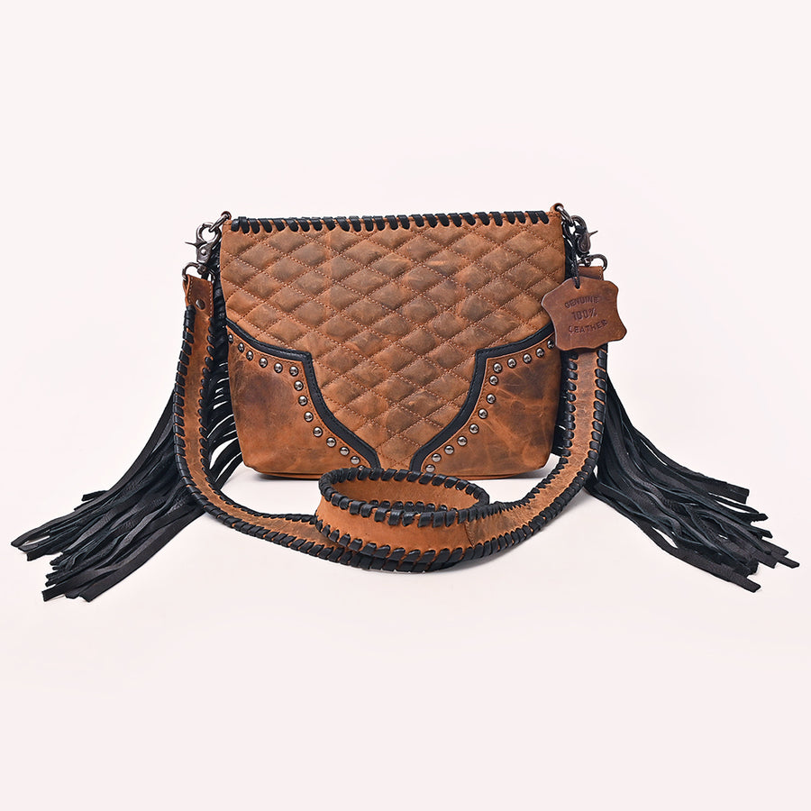 American Darling Western Cross body Bag Quilted Genuine Leather Handcrafted Shoulder Bag with Fringes Rivets and Braided Strap