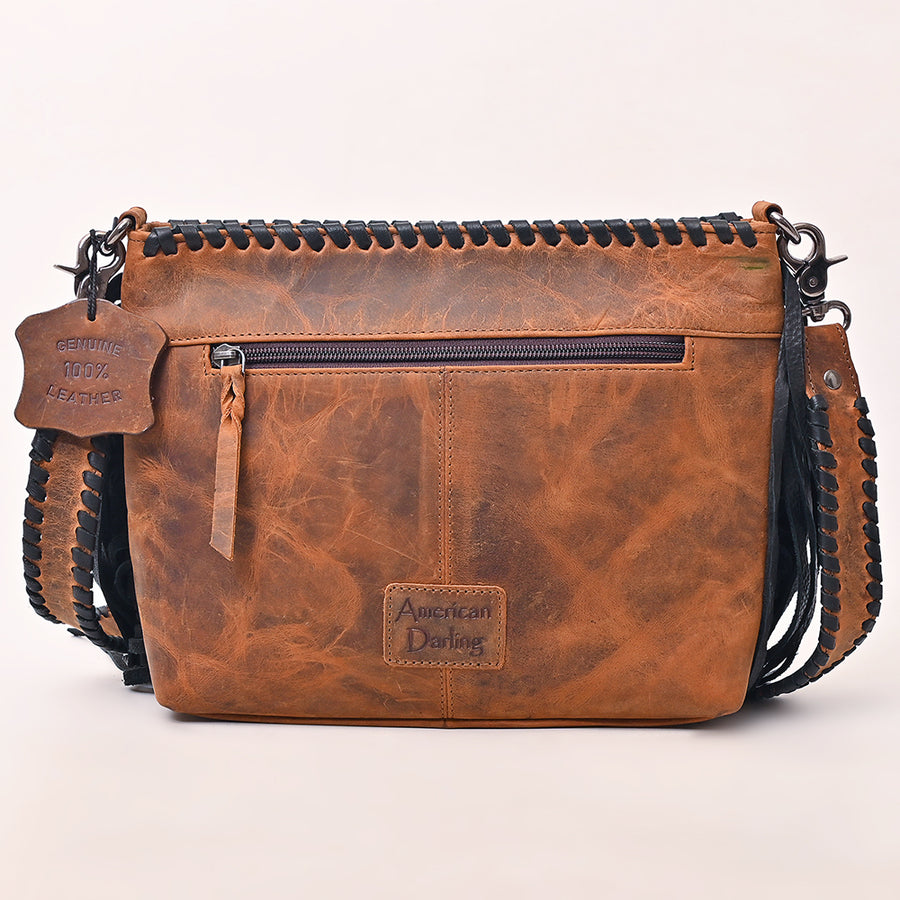 American Darling Western Cross body Bag Quilted Genuine Leather Handcrafted Shoulder Bag with Fringes Rivets and Braided Strap
