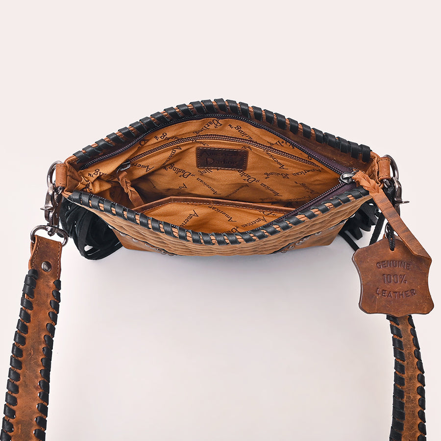 American Darling Western Cross body Bag Quilted Genuine Leather Handcrafted Shoulder Bag with Fringes Rivets and Braided Strap