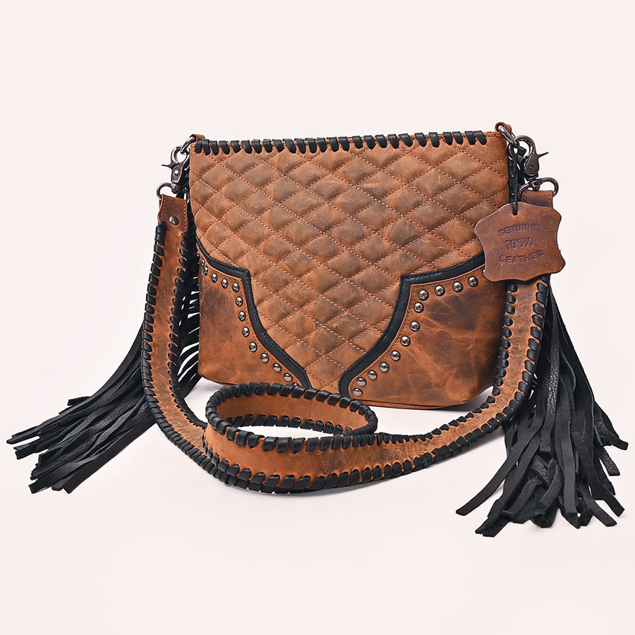 American Darling Quilted Western Leather Cross body Bag with Fringes and Rivets - Uhorse