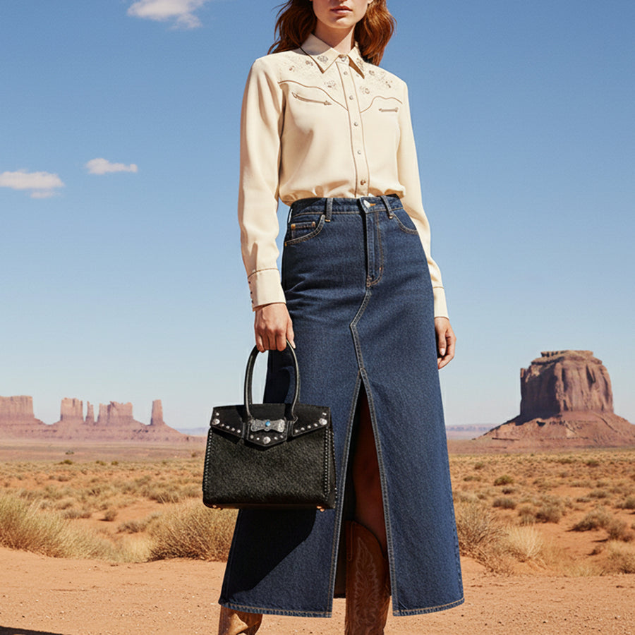 American Darling Western Tote Bag Rivetted Genuine Full Grain Leather Handcrafted Purse with Hair-On Cowhide and Concho