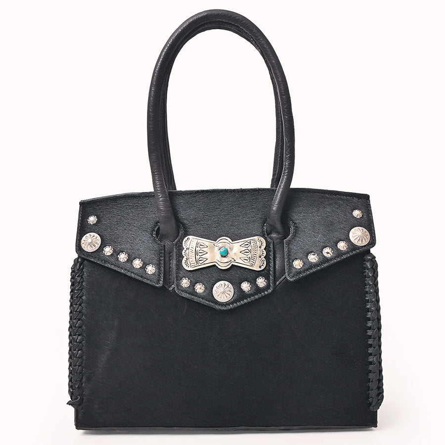 American Darling Western Tote Bag Rivetted Genuine Full Grain Leather Handcrafted Purse with Hair-On Cowhide and Concho