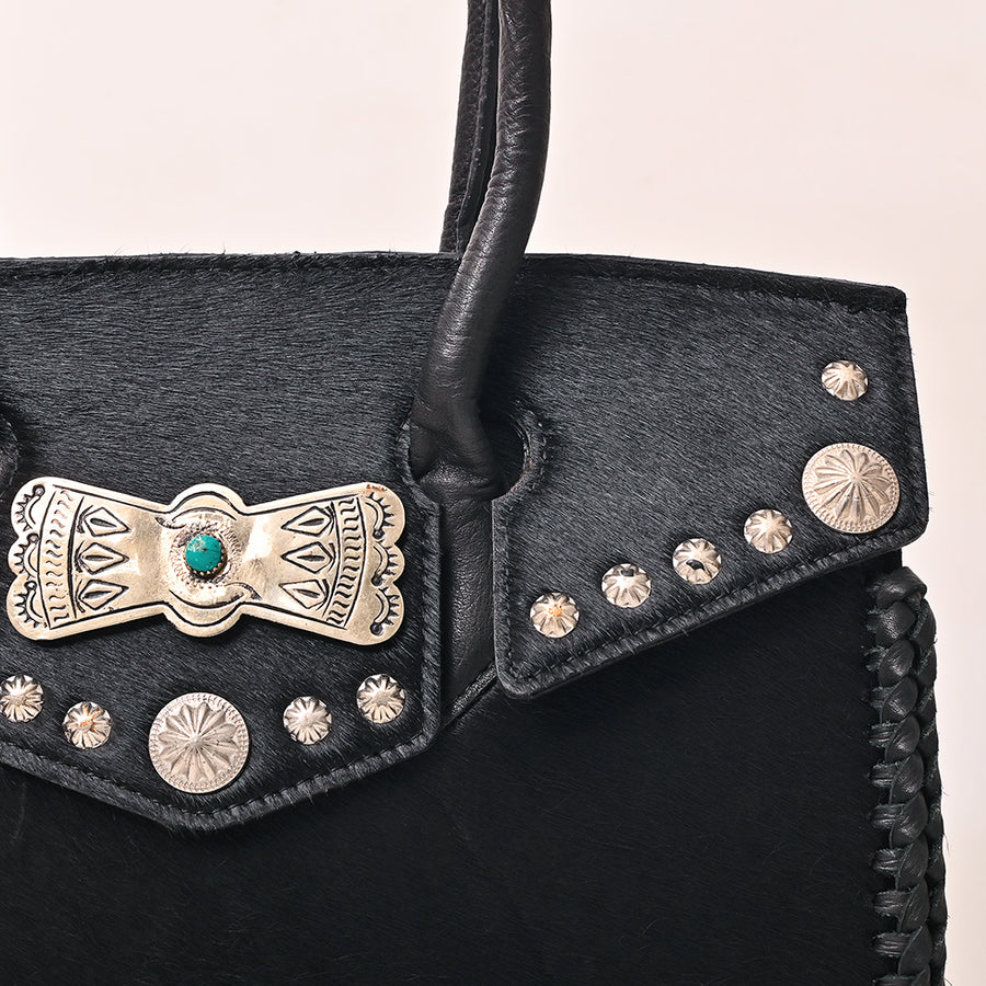 American Darling Western Tote Bag Rivetted Genuine Full Grain Leather Handcrafted Purse with Hair-On Cowhide and Concho