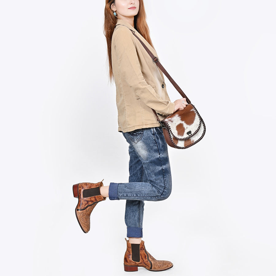 American Darling Hair-On Cowhide Genuine Leather Western Crossbody Bag with Adjustable Strap 7in (H) X 12in (W) X 2in (D)