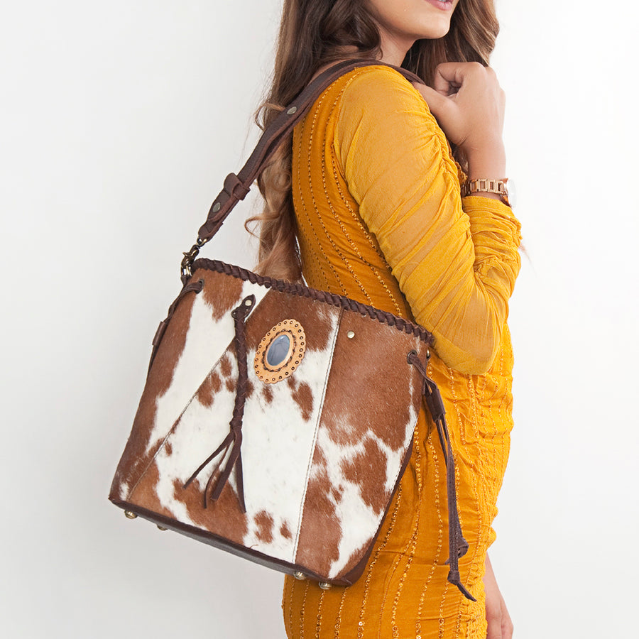 American Darling Bucket Bag, Genuine Vegetable-Tanned Leather, Braided Trim with Tassels & Turquoise, Western Handbag