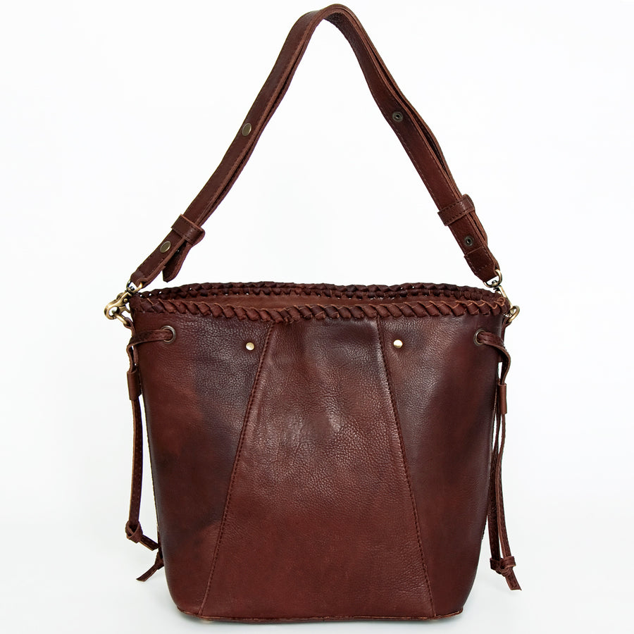 American Darling Bucket Bag, Genuine Vegetable-Tanned Leather, Braided Trim with Tassels & Turquoise, Western Handbag
