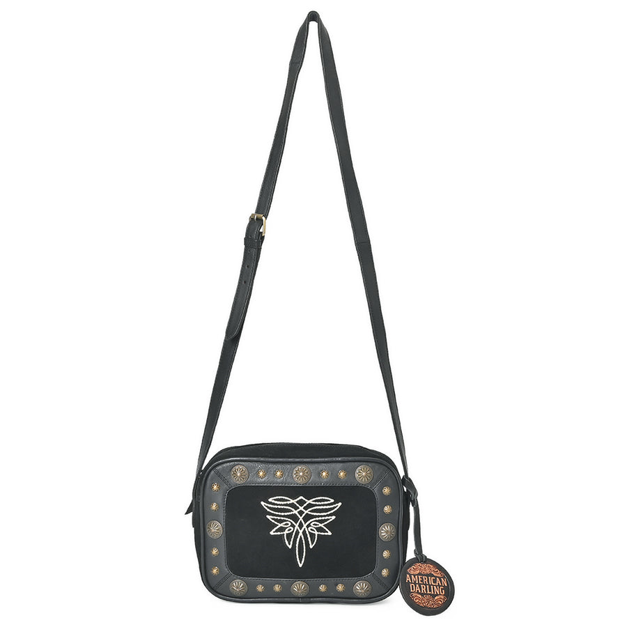 American Darling Camera Bag for Women, Embroidered Genuine Suede Leather with Western Conchos, Premium Crossbody Purse