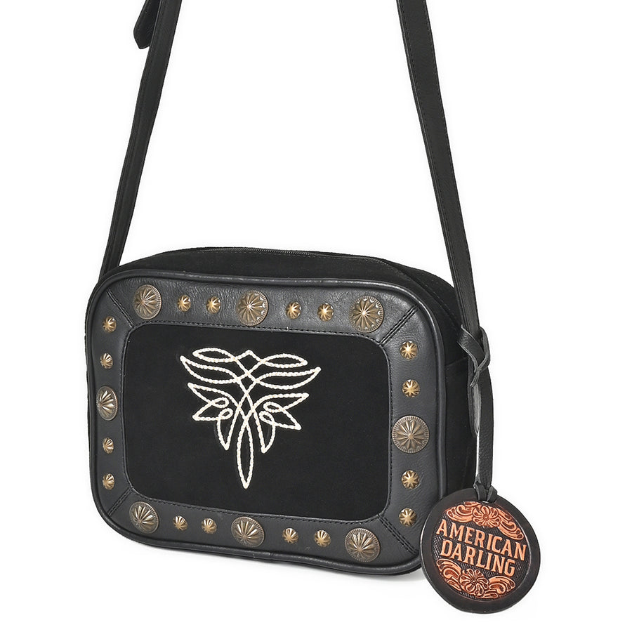 American Darling Western Embroidered Camera Bag - Black Genuine Suede Leather with Concho - Uhorse