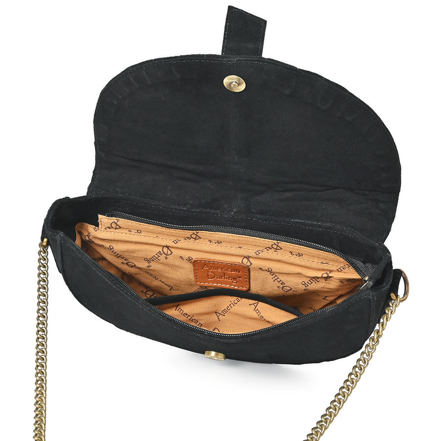 American Darling Cross body Bag for Women, Premium Suede Leather with Hand Tooled Floral Trim, Western Concho & Chain Strap