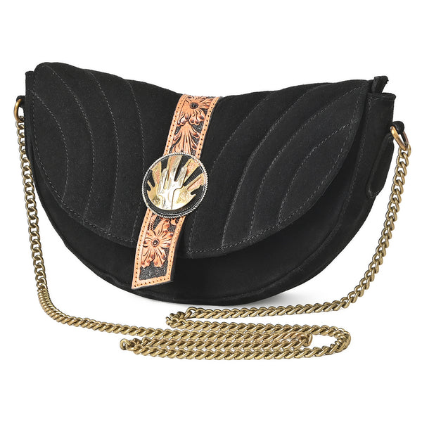 American Darling Western Suede Cross body Bag - Hand Tooled Floral Trim and Concho - Uhorse