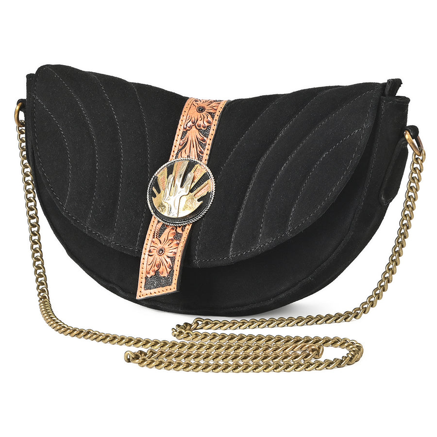 American Darling Western Suede Cross body Bag - Hand Tooled Floral Trim and Concho - Uhorse