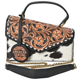 American Darling Messenger Bag Hand Tooled Floral Genuine Leather Western Purse with Hair-On Cowhide and Buck Stitching
