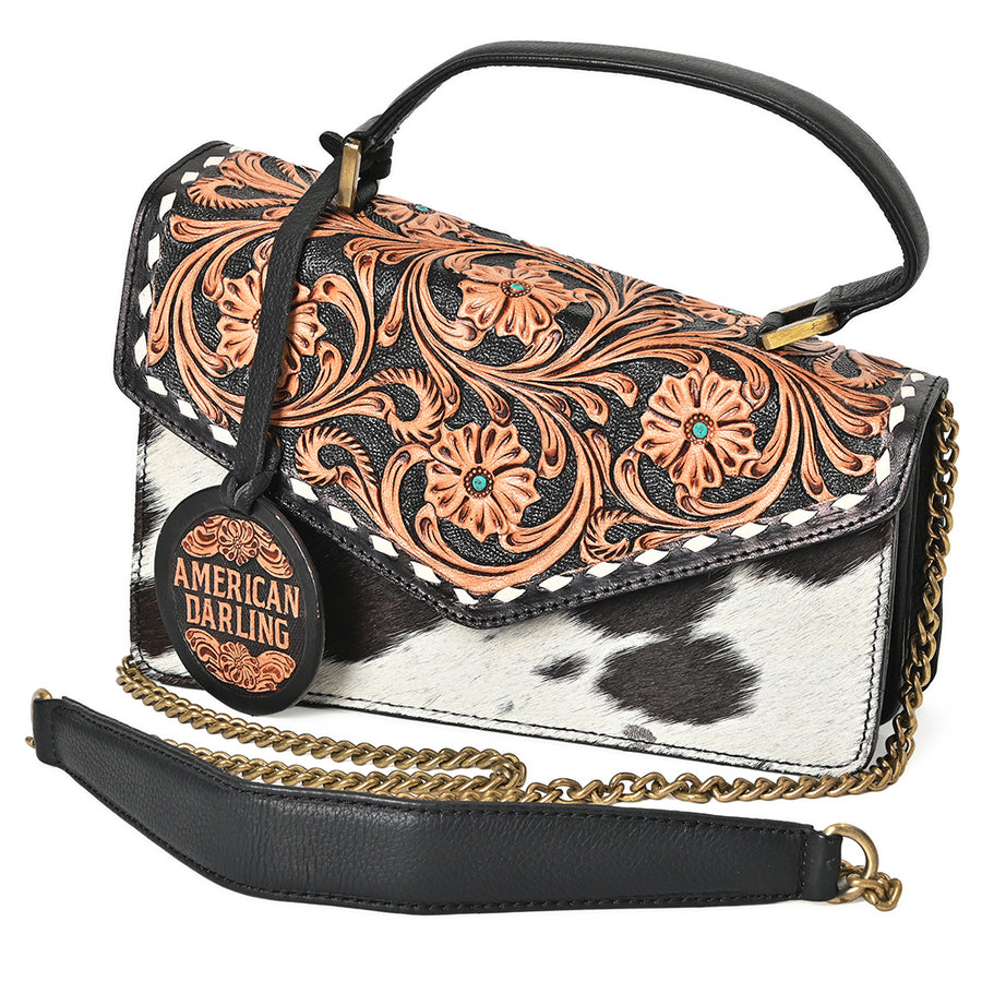 American Darling Hand Tooled Floral Leather Messenger Bag with Hair-On Cowhide - Uhorse