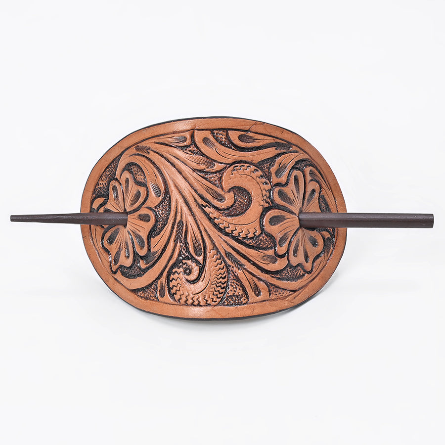 American Darling Leather Hair Stick Barrette Floral Tan Hair Accessories - Uhorse