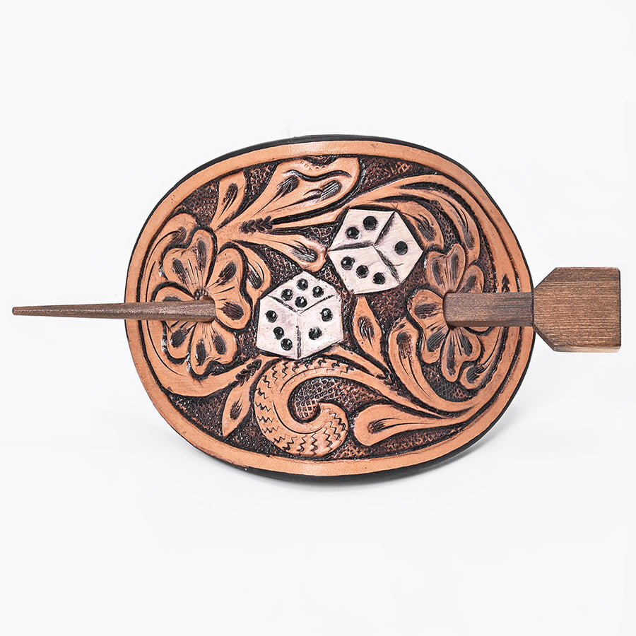 American Darling Leather Hair Stick Barrette Dice Tan Hair Accessories - Uhorse