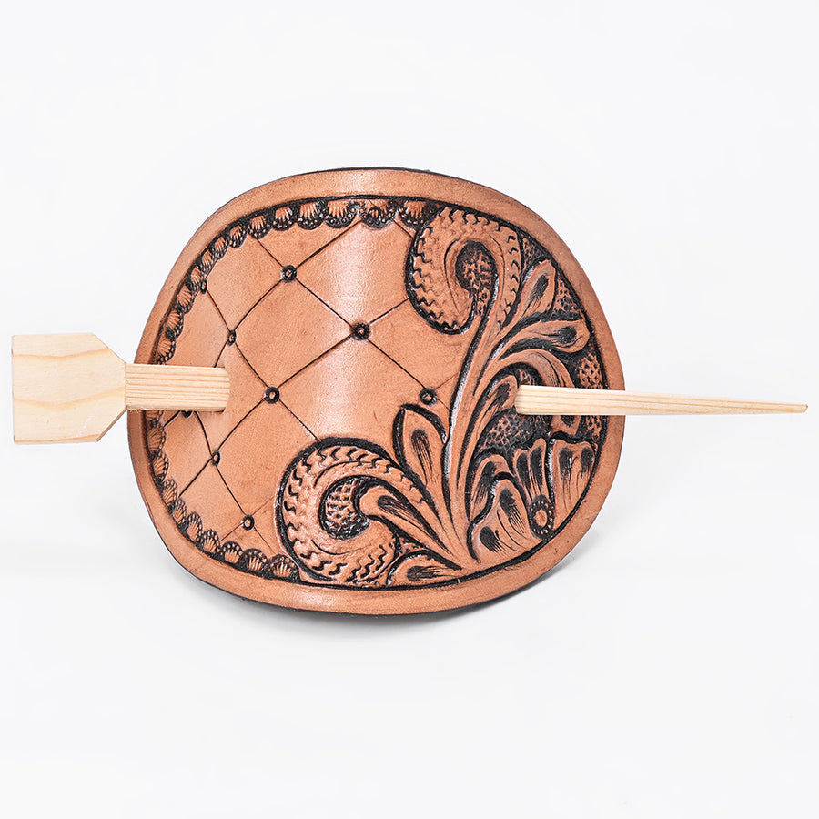 American Darling Leather Hair Stick Barrette Floral Tan Hair Accessories - Uhorse